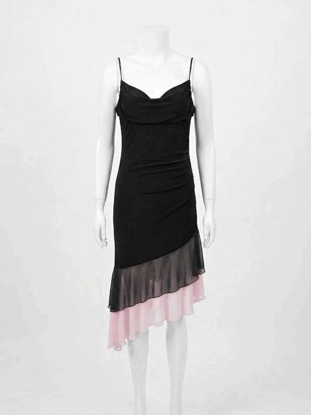 Y2K Black Pink Chiffon Slip Dress M Cowl Neck Ruched Asymmetric Hem